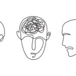 Kontinuierliche Linienzeichnung von Skizzen von menschlichen Köpfen mit psychischen Störungen und psychischen Gesundheitsproblemen