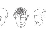 Kontinuierliche Linienzeichnung von Skizzen von menschlichen Köpfen mit psychischen Störungen und psychischen Gesundheitsproblemen