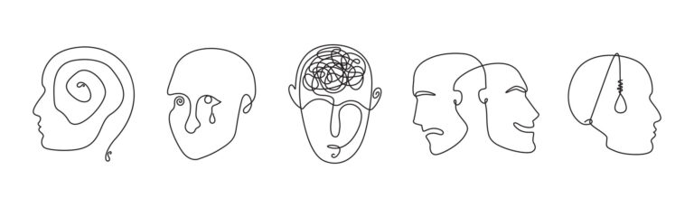 Kontinuierliche Linienzeichnung von Skizzen von menschlichen Köpfen mit psychischen Störungen und psychischen Gesundheitsproblemen