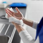 Hygiene-, Gesundheits- und Sicherheitskonzept - Nahaufnahme einer Ärztin oder Krankenschwester, die im Krankenhaus die Hände mit Desinfektionstüchern trocknet.